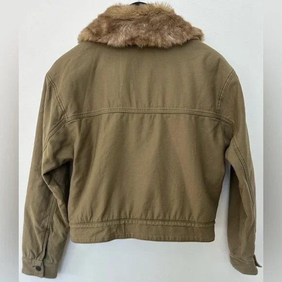 Abercrombie & Fitch Womens Sherpa Lined Jacket Tan Faux Fur Collar Cropped Y2K M - Picture 4 of 7